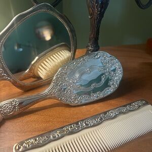 Elegant Silver Vanity Set with Mirror, Brush, and Comb